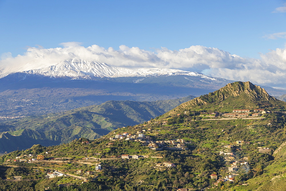 View from Madonna della Rocca church to Mount Etna, Taormina, Sicily, Italy, Europe