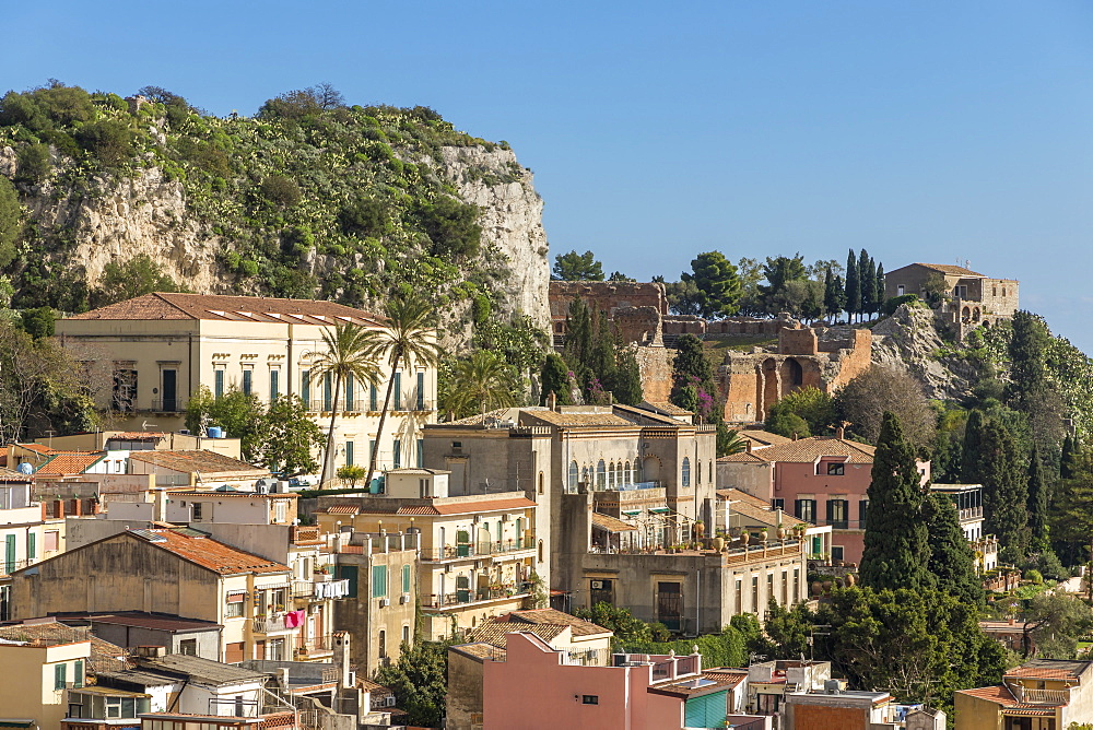 View over Taormina and the ancient Greek Theatre, Taormina, Sicily, Italy, Europe