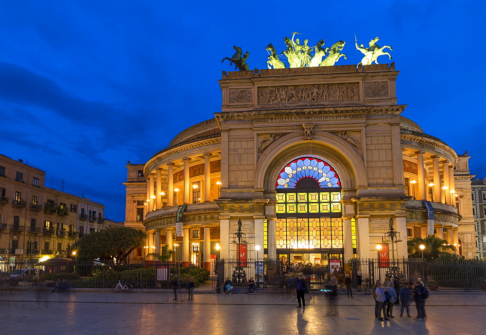 The Politeama Theatre during blue hour, Palermo, Sicily, Italy, Europe