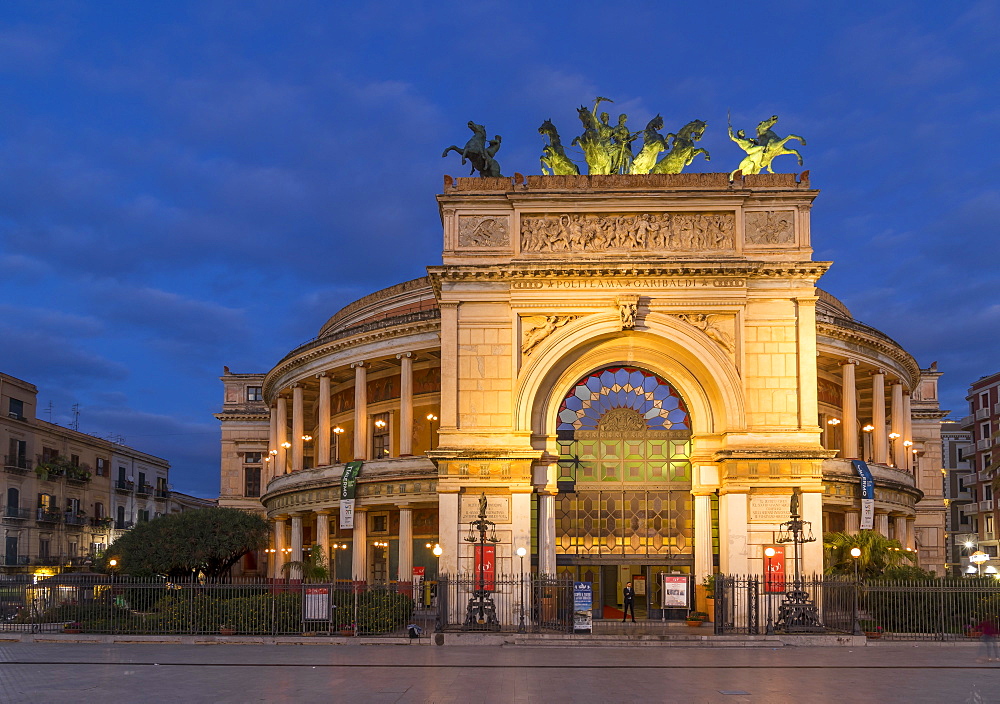 Politeama Theatre during blue hour, Palermo, Sicily, Italy, Europe