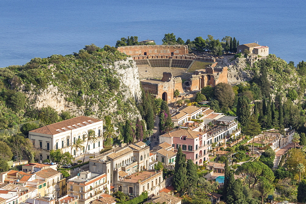 View over Taormina and the ancient Greek Theatre, Taormina, Sicily, Italy, Europe