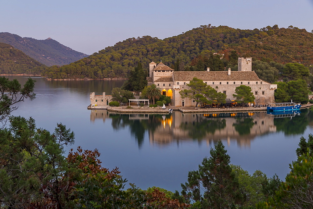 Monastery of Saint Mary at Veliko Jezero (Big Lake) on Mljet Island at dusk, Croatia, Europe