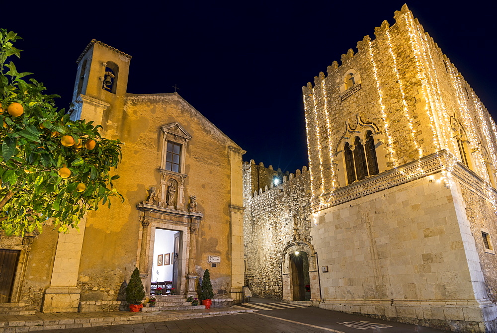 Illuminated Santa Caterina Church and Corvaja Palace at night, Taormina, Sicily, Italy, Europe