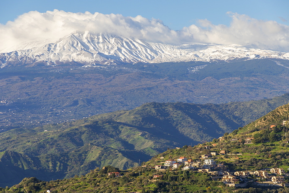 View from Madonna della Rocca church to Mount Etna, Taormina, Sicily, Italy, Europe