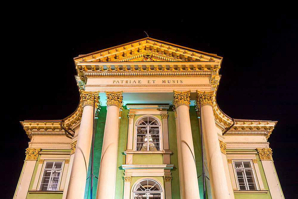 Illuminated Estates Theatre at night, Prague, Bohemia, Czech Republic, Europe