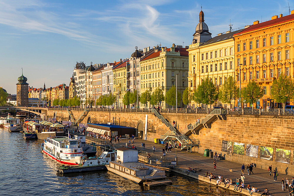 Art Nouveau buildings at Vltava River embankment at Rasinovo Nabrazi riverside street, Prague, Bohemia, Czech Republic, Europe