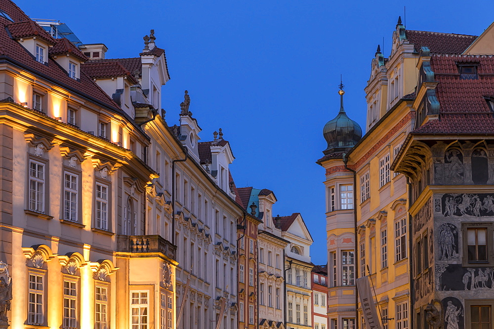 Facades of historical buildings near the old town market square, UNESCO World Heritage Site, Prague, Bohemia, Czech Republic, Europe