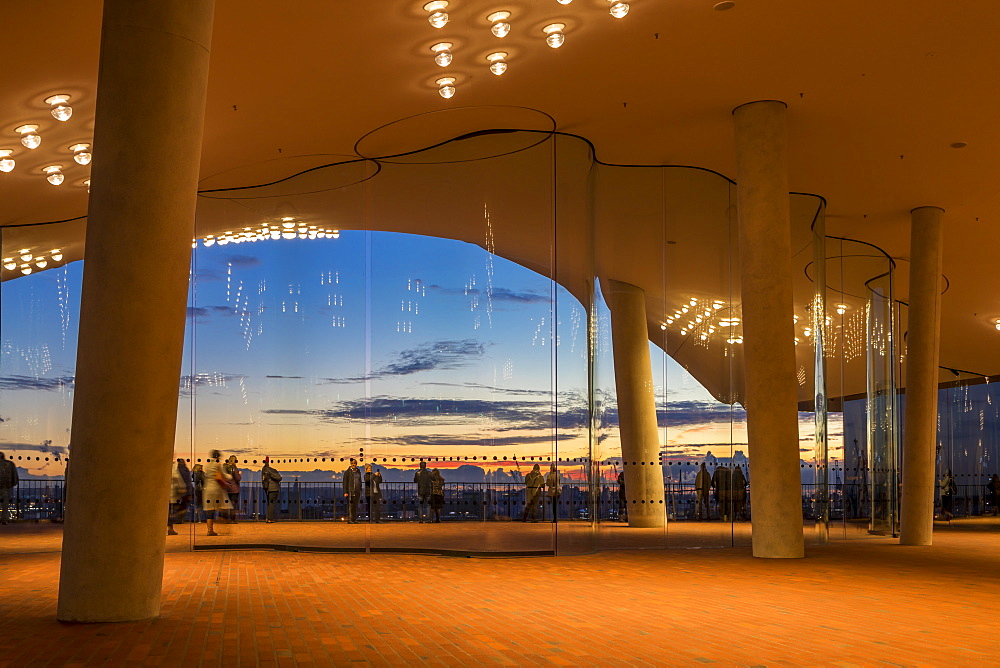 View from the Plaza of the Elbphilharmonie building at sunset, Hamburg, Germany, Europe