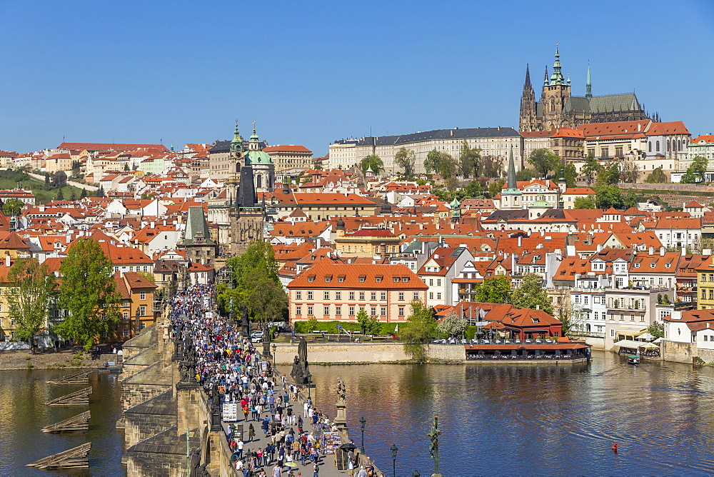 Elevated view from the Old Town Bridge Tower over Prague Castle and the Mala Strana District, Prague, Bohemia, Czech Republic, Europe