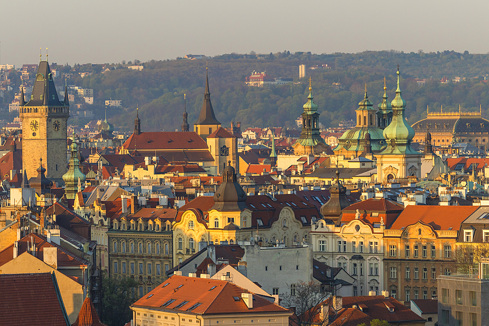 View from a lookout at Letna Park over the old town at first sunlight, Prague, Bohemia, Czech Republic, Europe