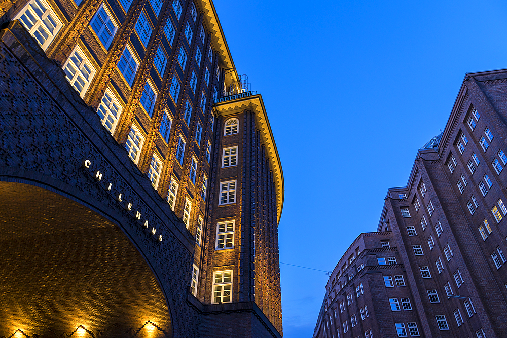 Chilehaus and Messberghof, both part of the Kontorhaus District, at dusk, UNESCO World Heritage Site, Hamburg, Germany, Europe