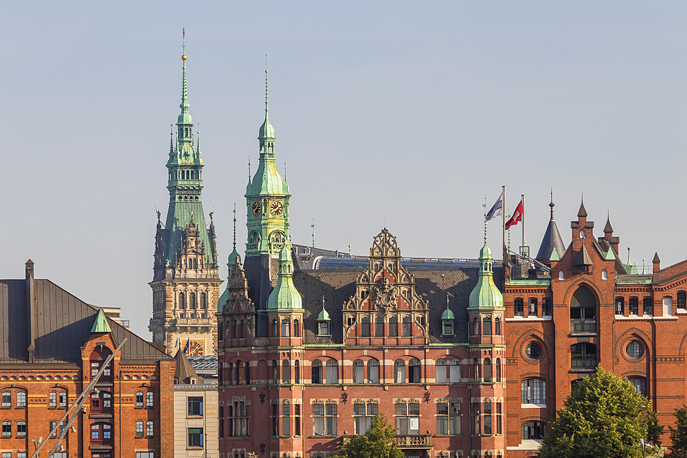 Historical buildings in the Speicherstadt, UNESCO World Heritage Site, with the town hall in the background, Hamburg, Germany, Europe