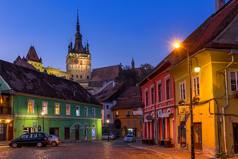 Clock Tower (Turnul cu Ceas) at dusk, Sighisoara, UNESCO World Heritage Site, Mures County, Transylvania Region, Romania, Europe