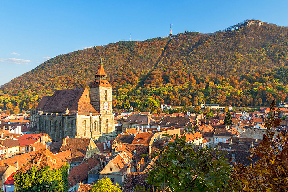 View from the Black Tower to the Black Church and Tampa Mountain during autumn, Brasov, Transylvania Region, Romania, Europe