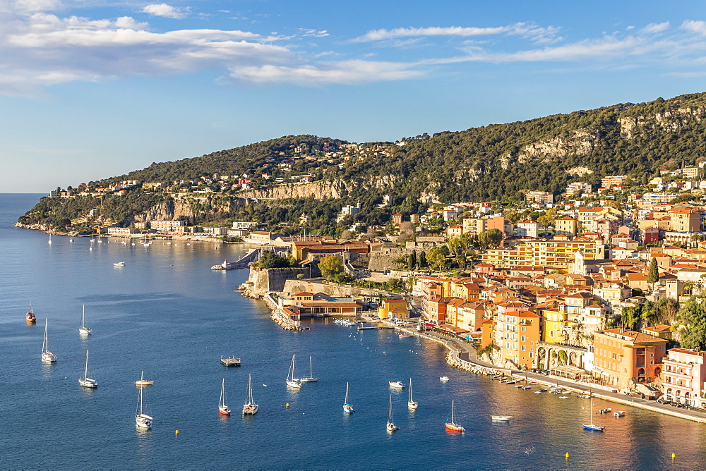 Elevated view from the Basse Corniche over Villefranche sur Mer, Alpes Maritimes, Cote d'Azur, French Riviera, Provence, France, Mediterranean, Europe