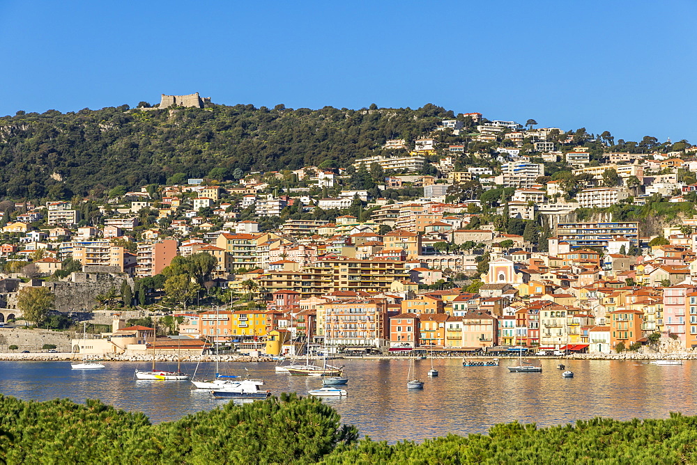 View from to the old town and Mont Alban fortress, Villefranche sur Mer, Alpes Maritimes, Cote d'Azur, French Riviera, Provence, France, Mediterranean, Europe