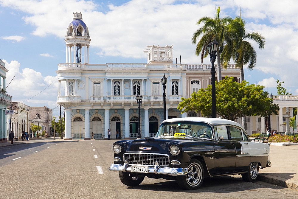 Black and white Chevrolet Bel Air by Plaza Jose Marti, Cienfuegos, UNESCO World Heritage Site, Cuba, West Indies, Caribbean, Central America