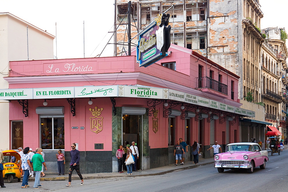 Pink vintage American car outside Floridita bar, Havana, Cuba, West Indies, Caribbean, Central America