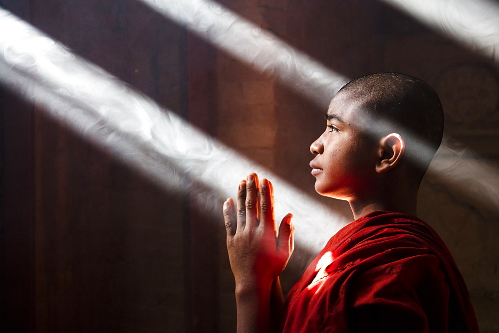 Young monk praying and covered with light beams in a temple in Bagan, Myanmar (Burma), Asia