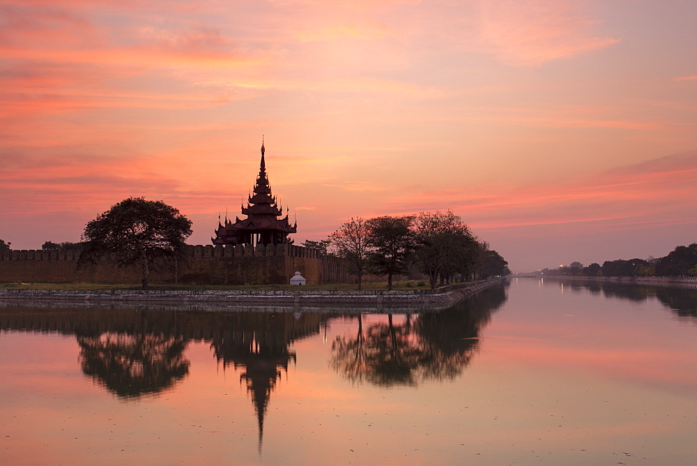 Sunset view of the Royal Palace, City Moat and City Wall in Mandalay, Myanmar (Burma), Asia