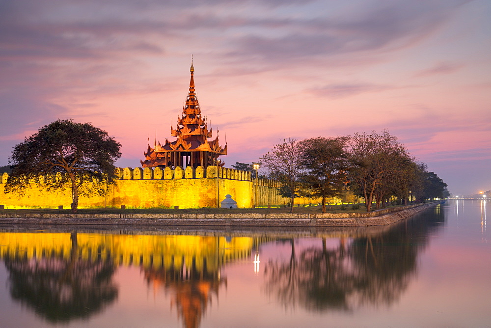 Sunset view of the Royal Palace, City Moat and City Wall in Mandalay, Myanmar (Burma), Asia