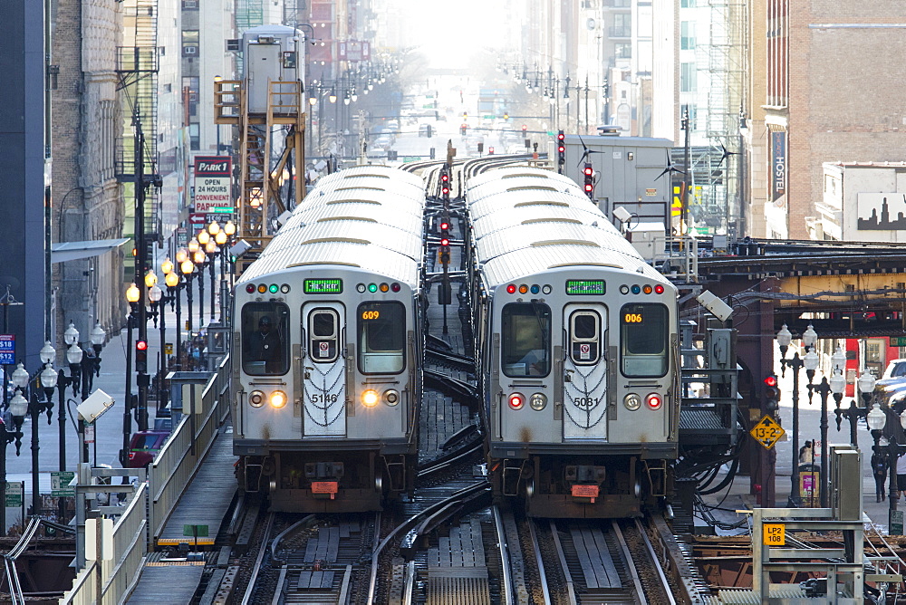 Two Chicago CTA L trains near Adams and Wabash station in The Loop, Chicago, Illinois, United States of America, North America