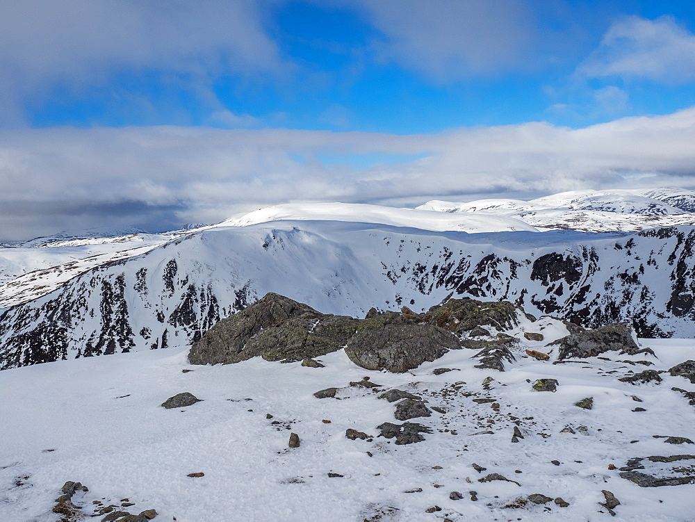 On the summit of The Cairnwell in the Cairngorm National Park looking over the glen to Carn a' Gheoidh in the distance, Cairngorm National Park, Scotland, United Kingdom, Europe