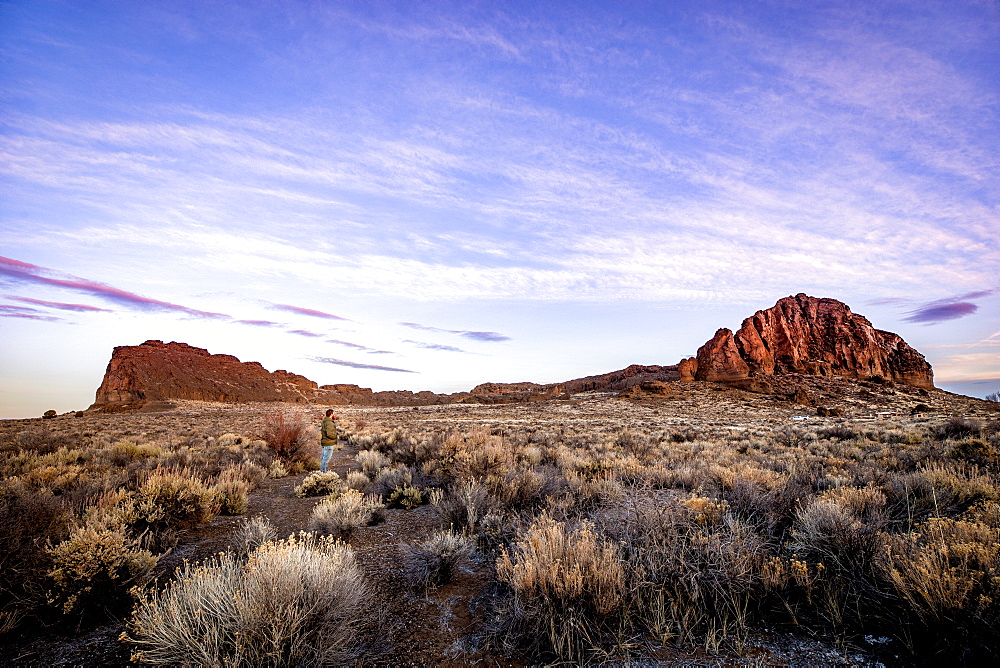 A man stands in sagebrush, looking at a large rock formation during sunrise in the desert, Oregon, United States of America, North America