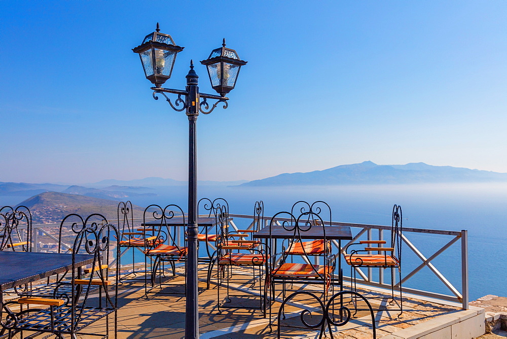 The Lekursti castle with Corfu Island in the background, South coast, Albania, Europe