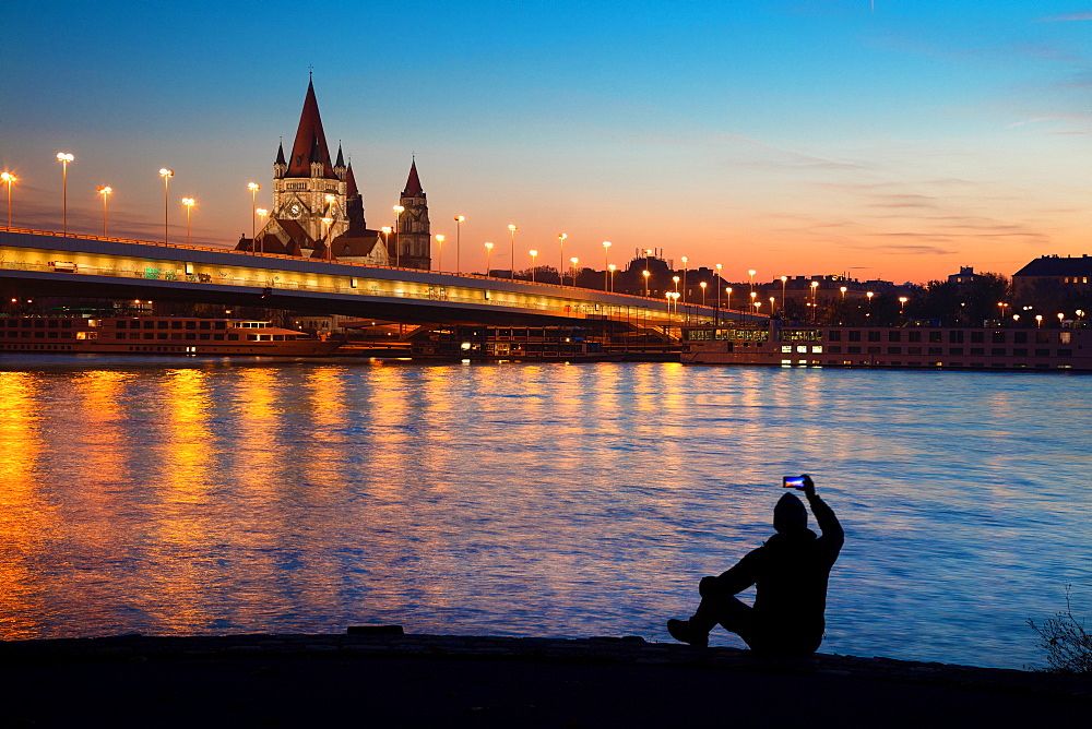 View from the Donauinsel subway station over the River Danube, Vienna, Austria, Europe