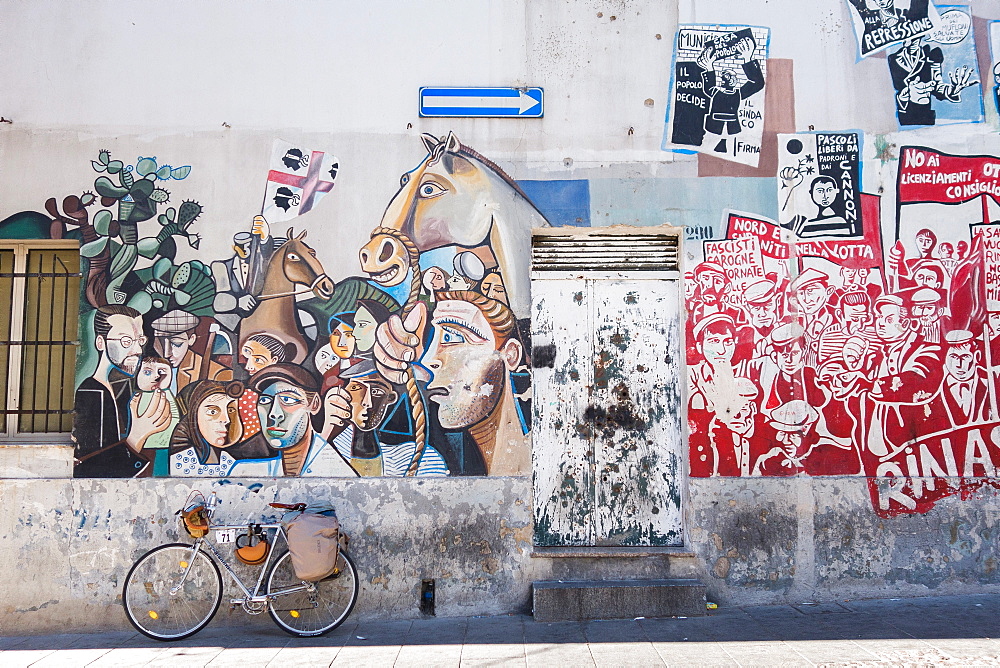 Mural on wall in Orgosolo, Sardinia, Italy, Europe