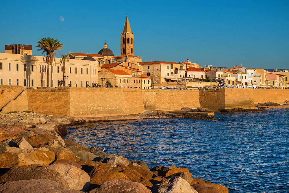 City walls and the cathedral of Alghero, Sardinia, Italy, Europe