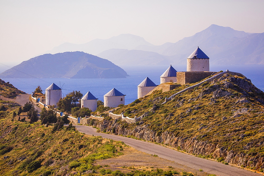 Mills along the road to the Castle, Leros Island, Dodecanese, Greek Islands, Greece, Europe