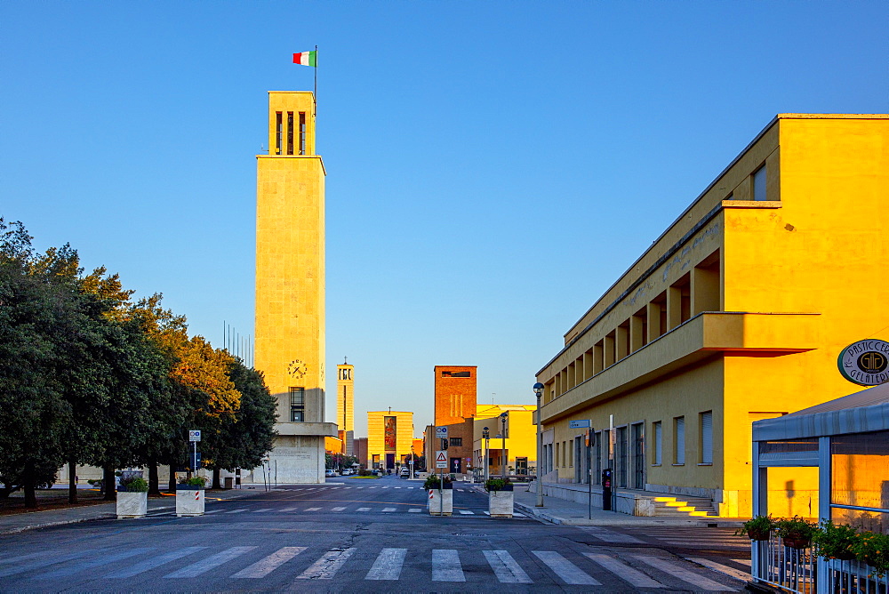 Torre Littoria on left and Casa del Fasci, Sabaudia, Latina, Lazio, Italy, Europe