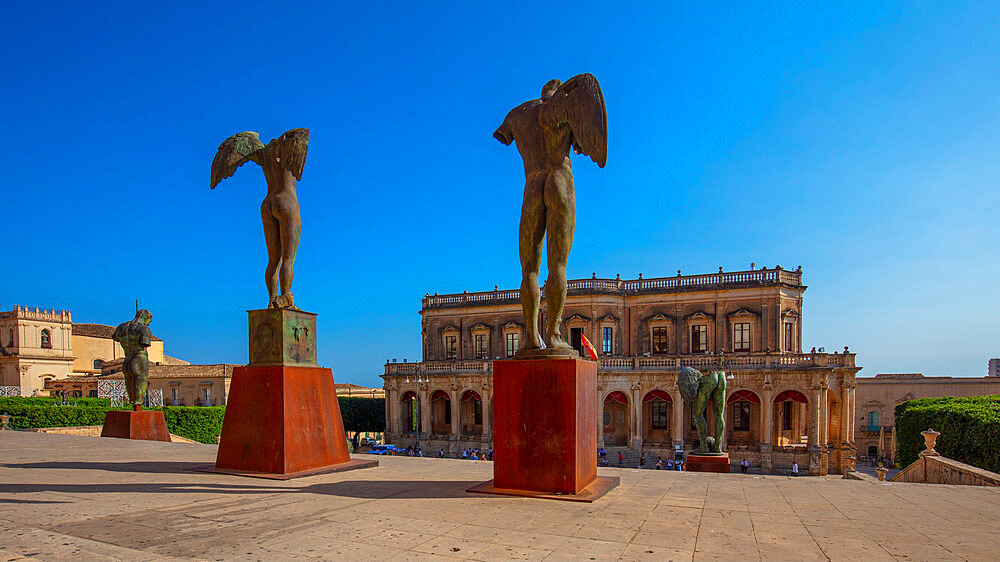 Mitoraj sculpture in front of Palazzo Ducezio, Noto, Siracusa, Sicily, Italy, Europe