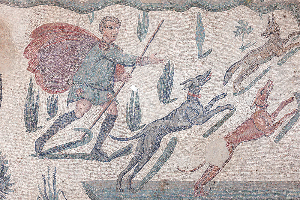 Hunting scene mosaics, the Roman Villa del Casale (Villa Romana del Casale), UNESCO World Heritage Site, Piazza Armerina, Enna, Sicily, Italy, Europe