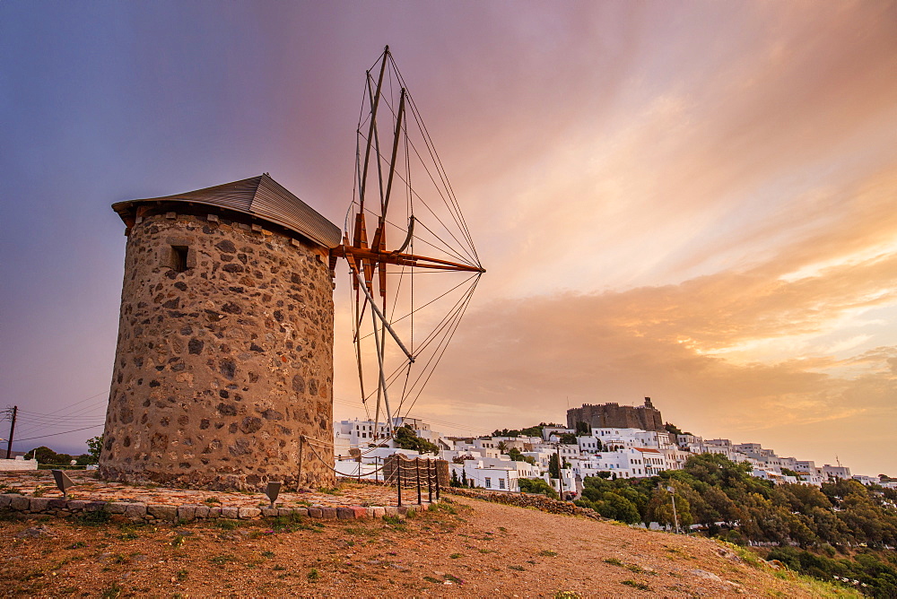 Windmills in Chora, Patmos, Dodecanese, Greek Islands, Greece, Europe