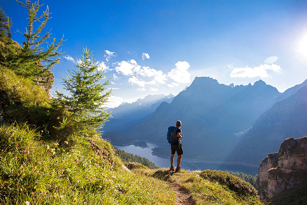 Hiker, Grande Est, Parco Naturale Veglia-Devero, Val d'Ossola, V.C.O. (Verbano-Cusio-Ossola), Piedmont, Italy, Europe