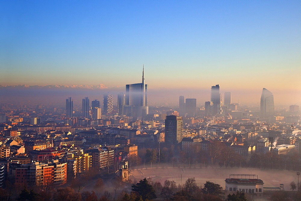 View from the Torre Branca to the Porta Nuova district, Milan, Lombardy, Italy, Europe