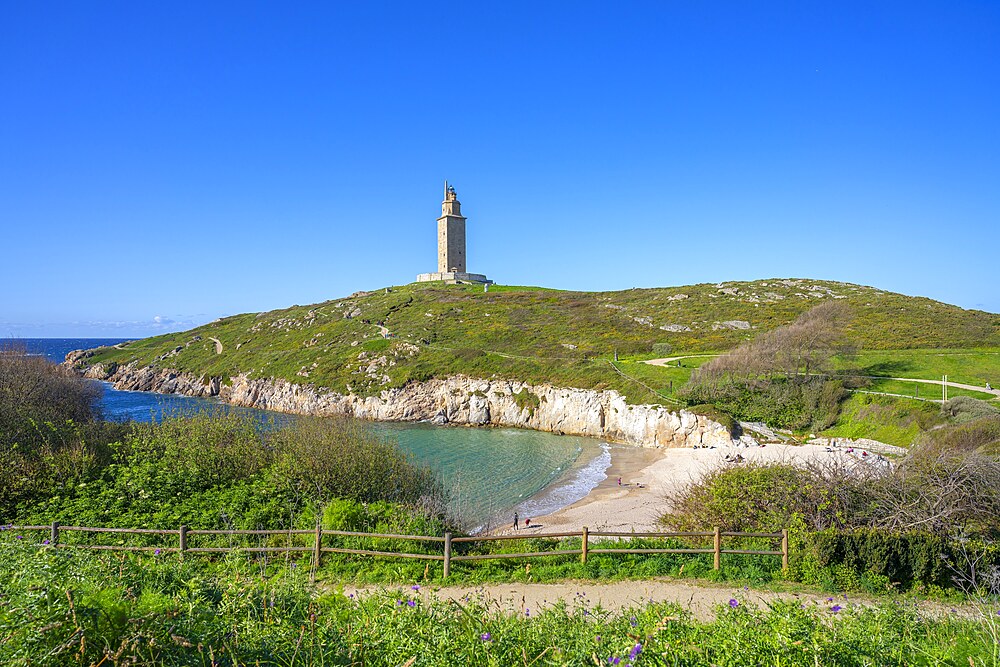 Hercules Tower, Roman lighthouse, and Lapas beach, La Coruña, Galicia, Spain