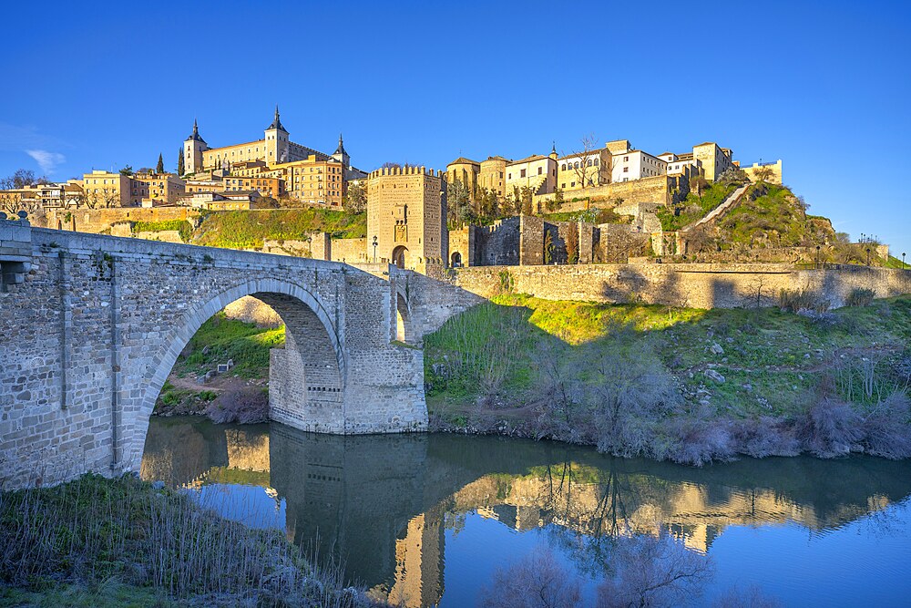 View from the Port and Bridge of Alcantara,, Toledo, Castile-La Mancha, Spain