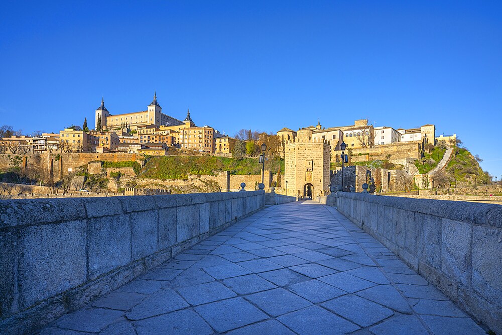 View from the Port and Bridge of Alcantara,, Toledo, Castile-La Mancha, Spain