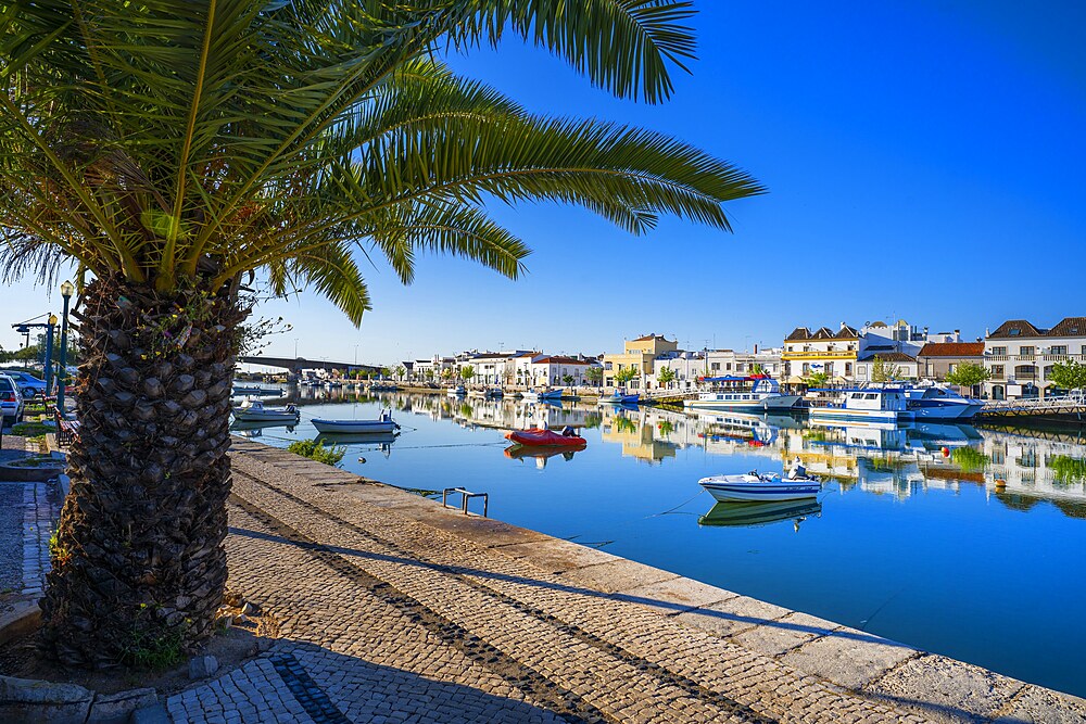 View on Gilão river, the roman bridge, Tavira, Algarve, Portugal