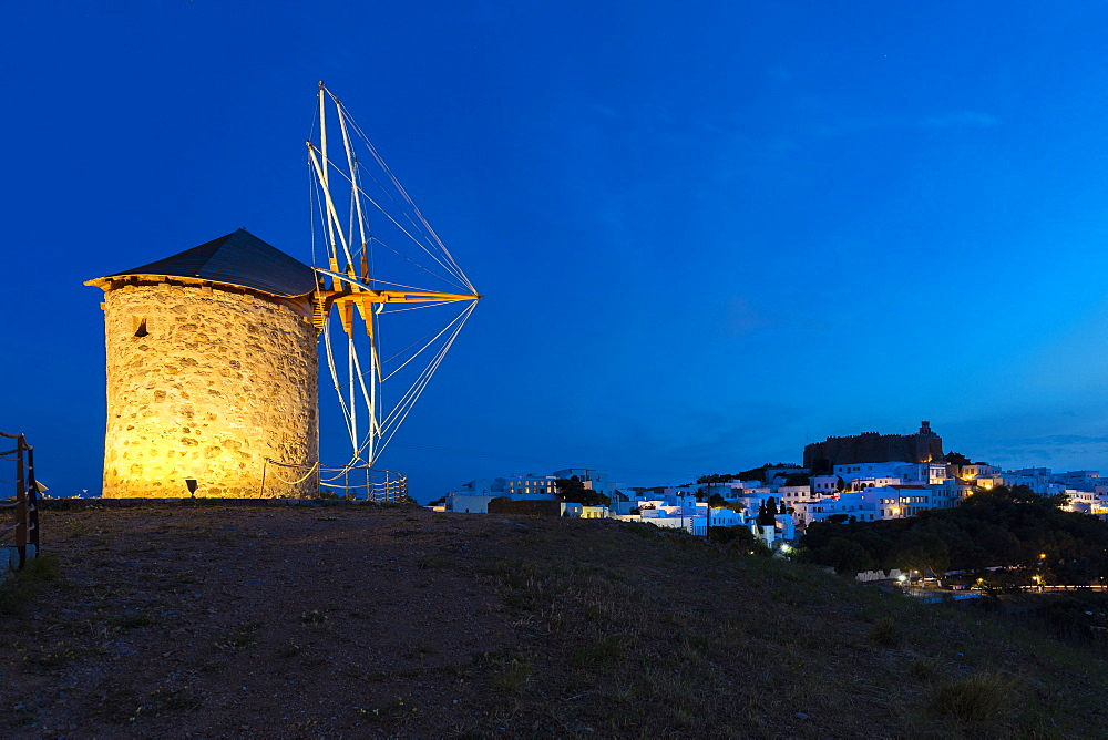 Windmills in Chora, Patmos, Dodecanese, Greek Islands, Greece, Europe