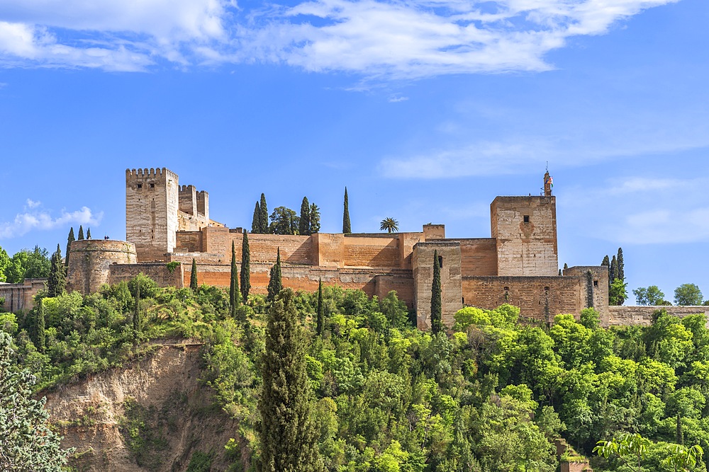 Alhambra, Alcazar fortress, view from El Albaicin, El Albaicin neighborhood, El Albaicin district, Granada, Andalusia, Spain