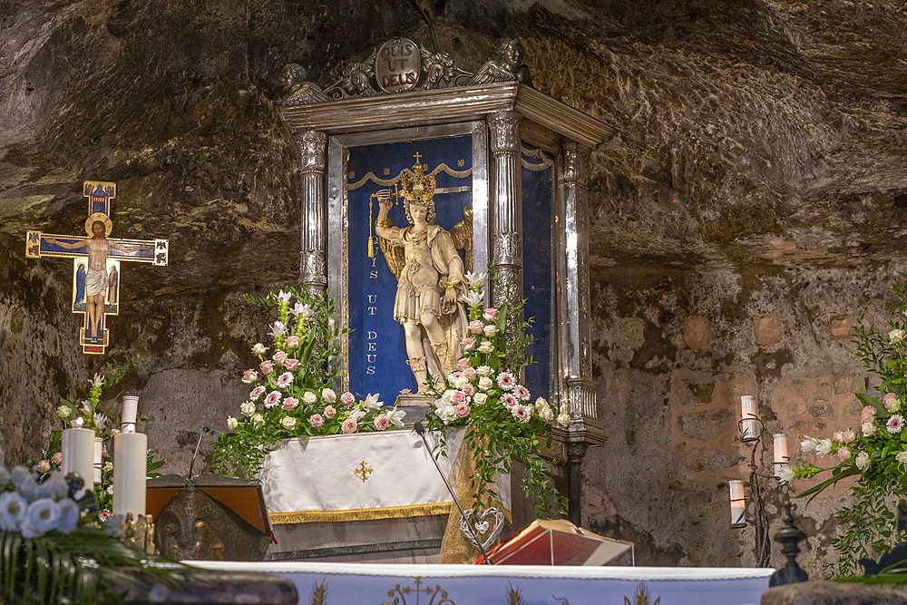 Statue of St. Michael the Archangel, Sanctuary of St. Michael the Archangel, World Heritage Site, UNESCO, Monte Sant'Angelo, Foggia, Apulia, Italy