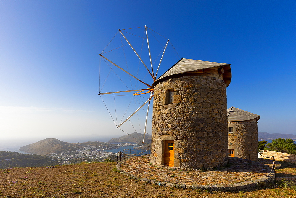 Windmills in Chora, Patmos, Dodecanese, Greek Islands, Greece, Europe