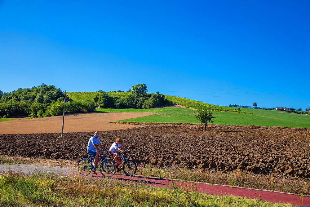 On the Fausto Coppi's roads, the cycling route from Villaromagnano to Castellania, Tortona area, Alessandria, Piedmont, Italy, Europe