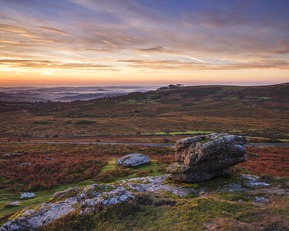 Twilight from the summit of Saddle Tor with mist in the Teign Valley, Dartmoor National Park, Bovey Tracey, Devon, England, United Kingdom, Europe