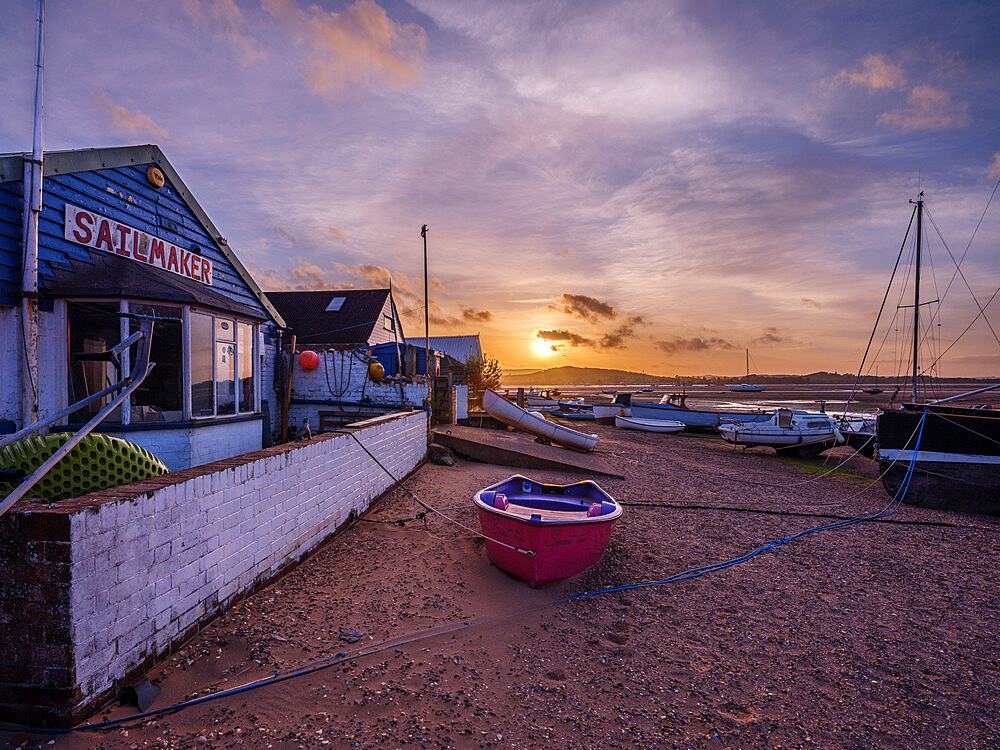 Sunset with boats on the Exe shoreline at the back of Camperdown Terrace, Exmouth, Devon, England, United Kingdom, Europe